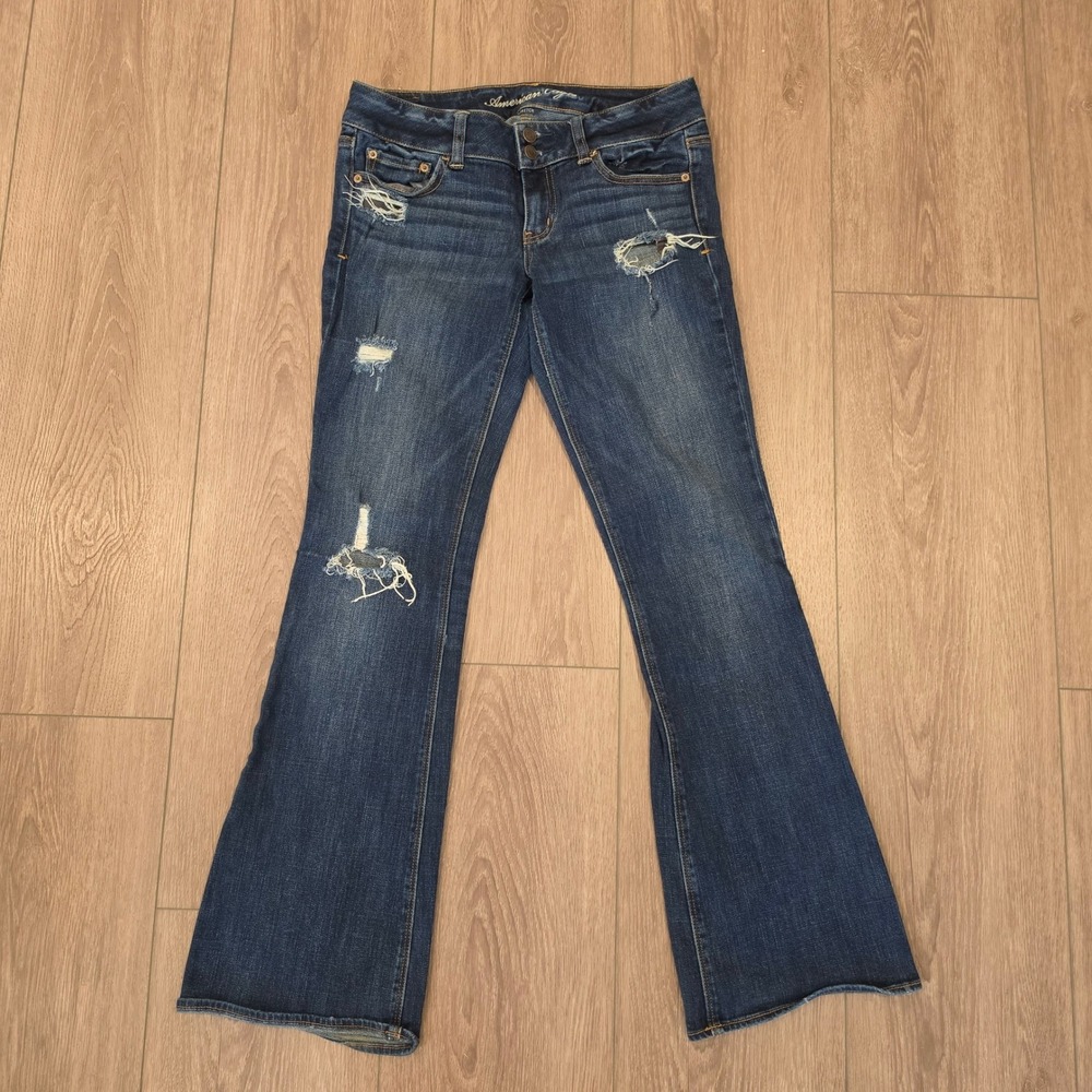 American Eagle Artist Flare Jeans Womens 8 Regular Dark Wash Distressed thrashed